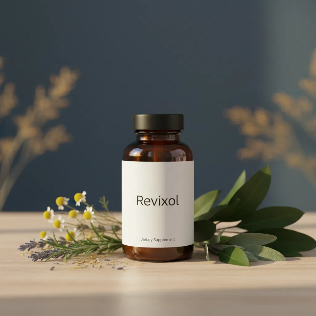 Revixol supplement bottle alongside dried botanical ingredients on a wooden surface